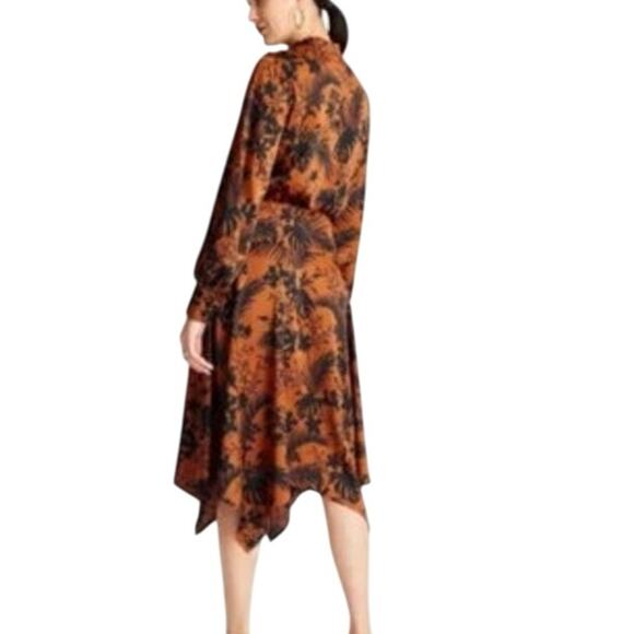 Future Collective Satin Mock Neck Midi Dress XL Brown Tropical Print Retro - Picture 2 of 11